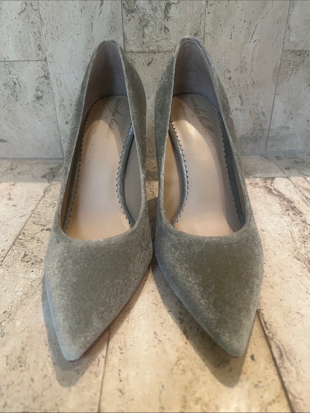 Nicola Bathie Olive Sage Velvet Pointed Toe Pumps